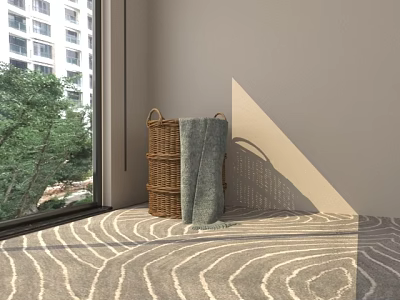 Window Side With Wicker Basket Green Blanket And Wavy Circle Pattern Rug Under Sunlight 3d model