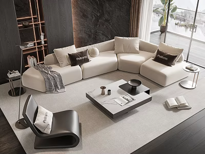 Modern White Sectional Sofa And Black Coffee Table Set With Decorative Pillows And Throw Blanket 3d model