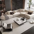 Modern White Sectional Sofa And Black Coffee Table Set With Decorative Pillows And Throw Blanket