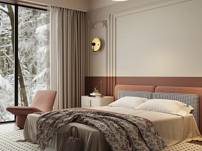 Cozy Bedroom Interior With Large Windows Snowy Trees Outside Beige Curtains Brown Headboard Round Wall Decor And Pink Armchair 3d model