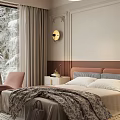 Cozy Bedroom Interior With Large Windows Snowy Trees Outside Beige Curtains Brown Headboard Round Wall Decor And Pink Armchair