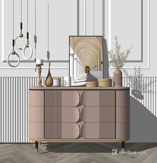 Elegant Modern Console Cabinet With Decorative Mirror Vase And Pendant Lights In Entryway 3d model 
