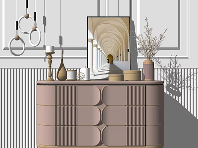 Elegant Modern Console Cabinet With Decorative Mirror Vase And Pendant Lights In Entryway 3d model