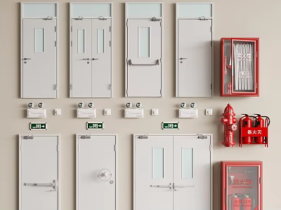 Fire Safety Equipment Featuring Red Hydrants Extinguishers Cabinets and Glass Window Fire Doors 3d model
