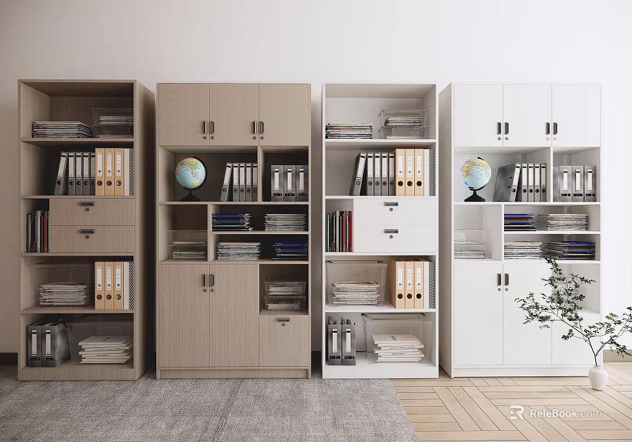 Contemporary Storage Cabinets In Wooden And White With Folders Globe Books And Plant 3d model 