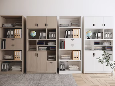 Contemporary Storage Cabinets In Wooden And White With Folders Globe Books And Plant 3d model