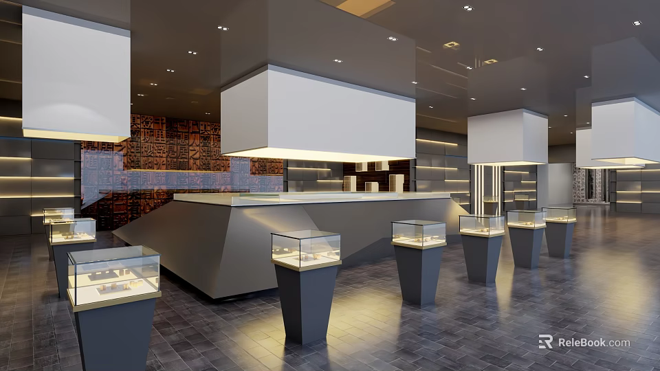 Luxury Retail Display Space With Glass Display Cases Counter Pendant Lights And Decorative Wall 3d model 