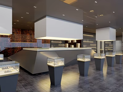 Luxury Retail Display Space With Glass Display Cases Counter Pendant Lights And Decorative Wall 3d model