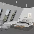 Attic Style Bedroom With Skylights Artwork Cozy Bed Accent Chair Floor Lamp And Minimalist Decor