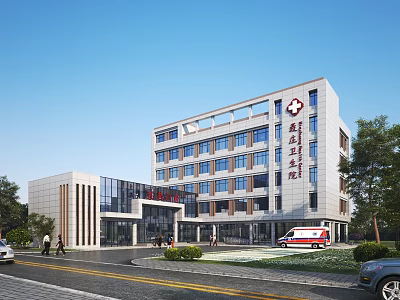 Modern Multi Story Hospital Building With Red Cross Sign Glass Facade And Ambulance 3d model
