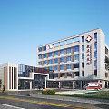 Modern Multi Story Hospital Building With Red Cross Sign Glass Facade And Ambulance