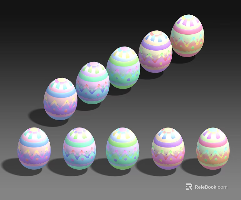 Colorful Easter Eggs With Pastel Patterns Arranged In Two Rows On Black Background 3d model 