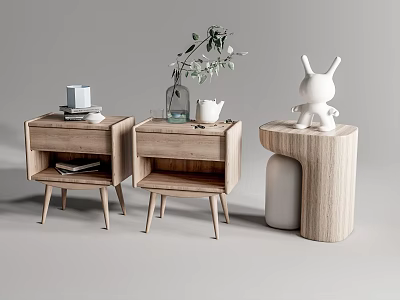 Wooden Modern Bedside Tables With Drawer Green Plant Rabbit Figurine Vase And Books 3d model