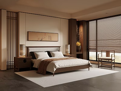 Modern Neutral Tones Bedroom Interior With Bed Nightstand Table Lamp Window Blinds And Area Rug 3d model