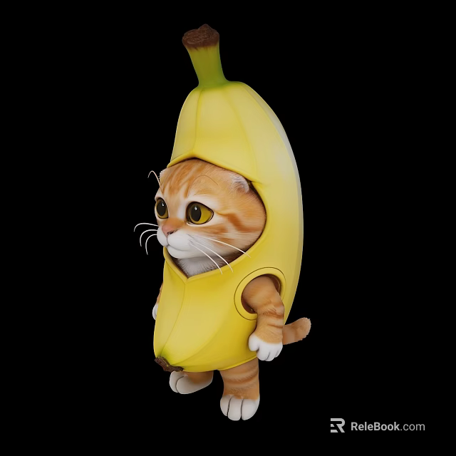 Adorable Orange Cat Wearing Yellow Banana Costume Standing on Black Background 3d model 