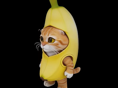 Adorable Orange Cat Wearing Yellow Banana Costume Standing on Black Background 3d model
