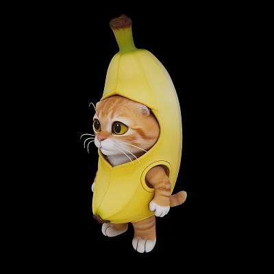 Adorable Orange Cat Wearing Yellow Banana Costume Standing on Black Background 3d model