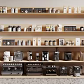 Various Kitchen Appliances Including Coffee Machines Displayed On Wooden Shelves