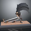 Action Warrior Figure Swinging Sword Creating Shattering Effect On Wooden Base 3d model