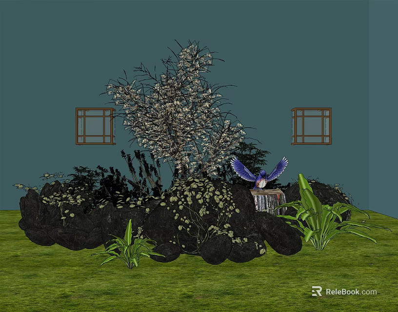 Garden Ornament with Blossoming Tree Birdcage Green Plants and Windows on Lawn 3d model 