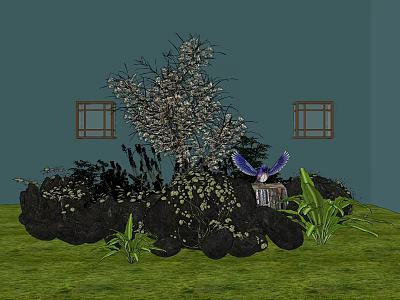 Garden Ornament with Blossoming Tree Birdcage Green Plants and Windows on Lawn 3d model