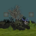Garden Ornament with Blossoming Tree Birdcage Green Plants and Windows on Lawn