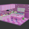 Cartoon Kitchen Scene With Pink Cabinets Fridge Island Counter Stools And Checkered Floor
