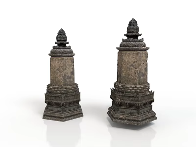 Two Ancient Stone Sculptures With Intricate Tower Shaped Design And Detailed Patterns 3d model