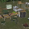 Camping Campsite With Outdoor Tables Chairs Cooler Food And Campfire Setup
