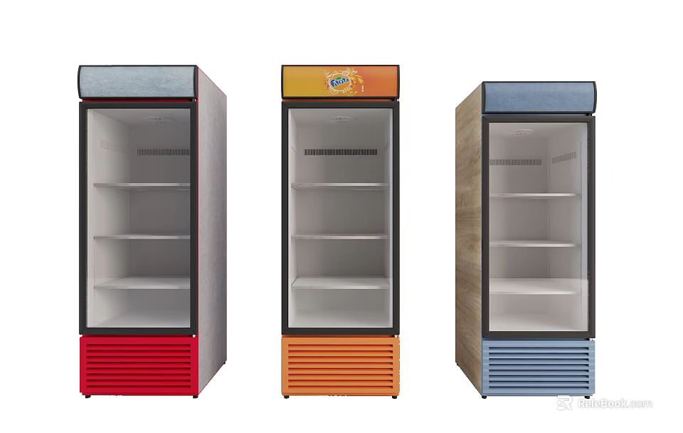 Three Colorful Upright Display Freezers with Glass Doors and Shelves Inside 3d model 