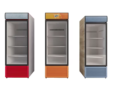Three Colorful Upright Display Freezers with Glass Doors and Shelves Inside 3d model