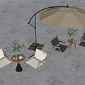 Outdoor Leisure Chairs With Metal Frame White Black Cushions Cantilever Umbrella Side Tables And Plants