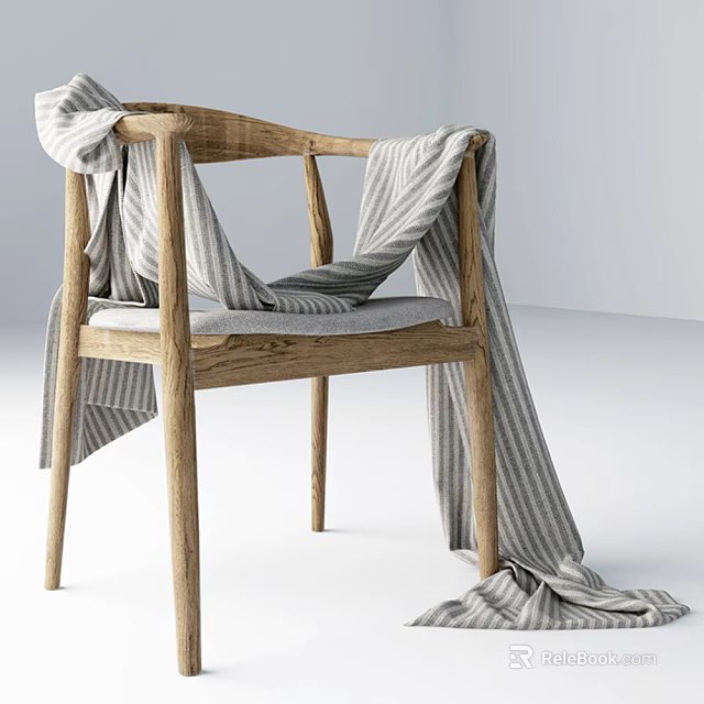 Cozy Natural Wooden Armchair with Elegant Striped Blanket and Minimalist Interior Design 3d model 