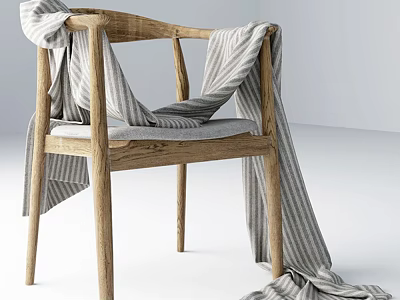 Cozy Natural Wooden Armchair with Elegant Striped Blanket and Minimalist Interior Design 3d model