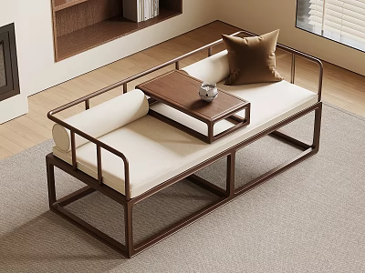 Elegant New Chinese Style Solid Wood Luohan Bed With Soft Cushions And Small Tea Table 3d model