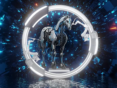 Futuristic Mechanical Horse Photo Spot With Neon Ring And Blue Red Lights Background 3d model