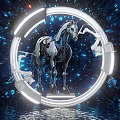 Futuristic Mechanical Horse Photo Spot With Neon Ring And Blue Red Lights Background