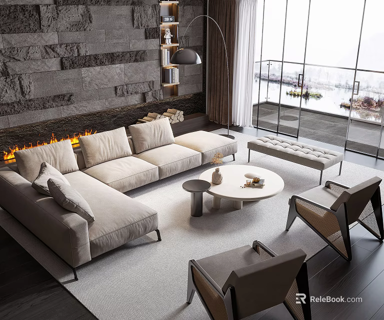 Modern Living Room Interior With Large Sofa Fireplace Area Rug And Floor to Ceiling Windows 3d model 