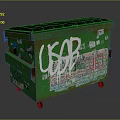 Green Trash Bin With USOB Graffiti And Colorful Stickers On Wheels