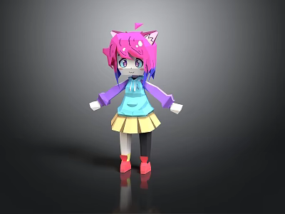 Cute Child Character With Pink Hair Cat Ears Blue Eyes And Yellow Skirt 3d model