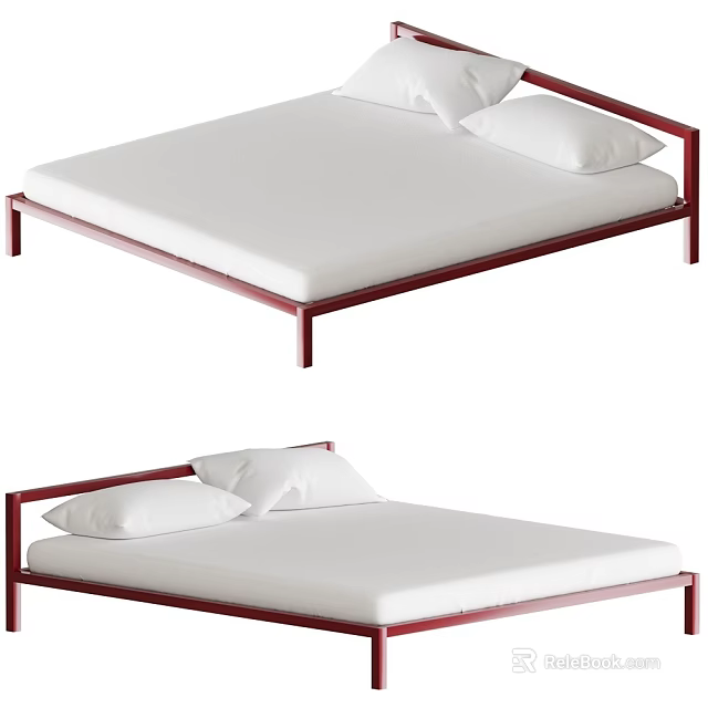Modern Double Bed With Red Frame White Mattress And White Pillows 3d model 