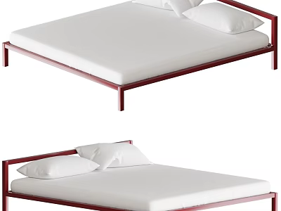 Modern Double Bed With Red Frame White Mattress And White Pillows 3d model