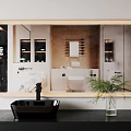 Oval Bathroom Mirror with Light Frame Reflecting Black Sink and Green Plant Below