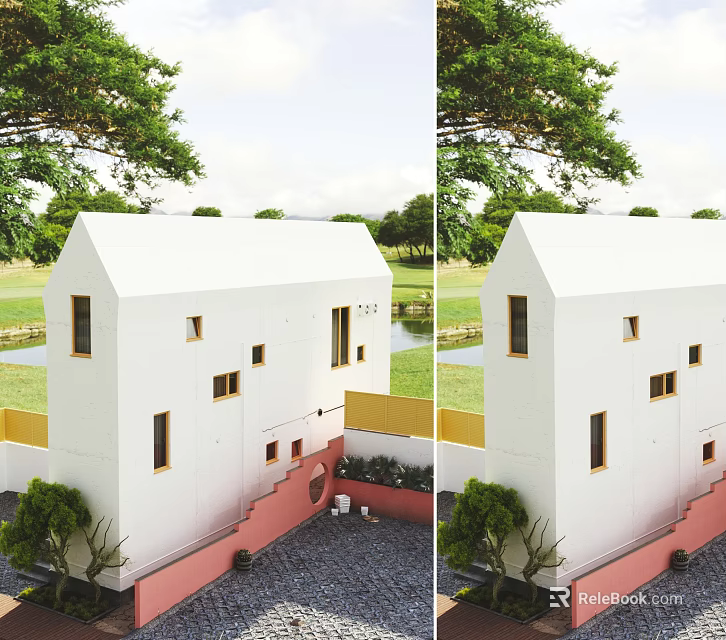 White Detached Villa Exterior With Green Trees Lawn And Pink Stairs 3d model 