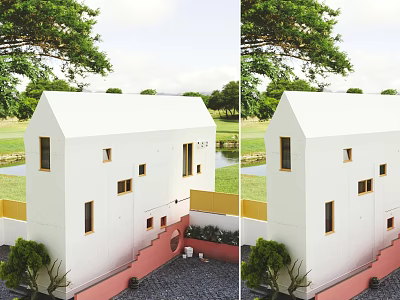 White Detached Villa Exterior With Green Trees Lawn And Pink Stairs 3d model