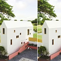 White Detached Villa Exterior With Green Trees Lawn And Pink Stairs