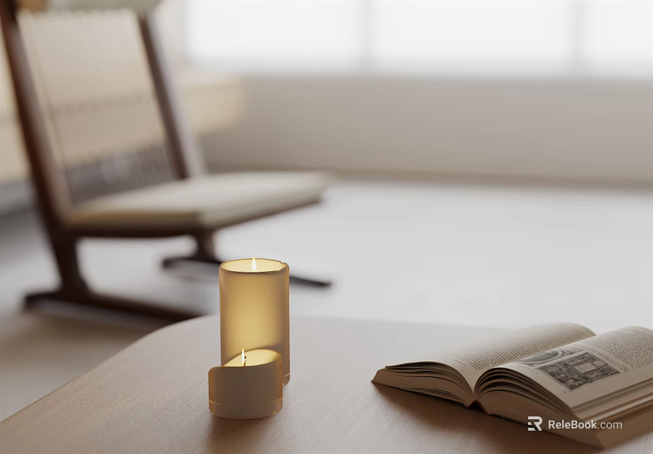 Cozy Candle Lamp On Wooden Table With Open Book And Warm Glow Atmosphere 3d model 