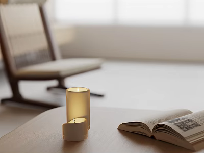 Cozy Candle Lamp On Wooden Table With Open Book And Warm Glow Atmosphere 3d model