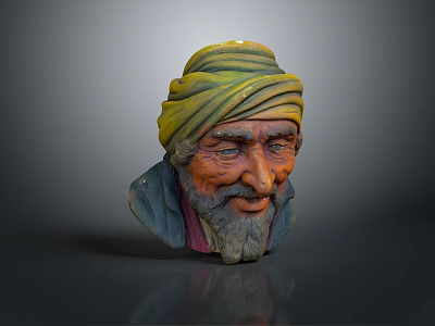 Elderly Man Bust Sculpture With Traditional Turban Bearded Face And Detailed Wrinkled Features 3d model