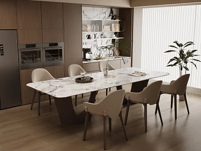 Modern Restaurant Interior With Marble Dining Table Chairs Wooden Cabinets Kitchen Area Plants And Blinds 3d model